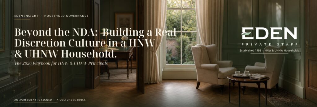 An NDA can define confidentiality, but it cannot create judgement. Eden Private Staff explains how UHNW families can build a real culture of discretion across recruitment, onboarding, technology, safeguarding, guest management and daily household communication.
